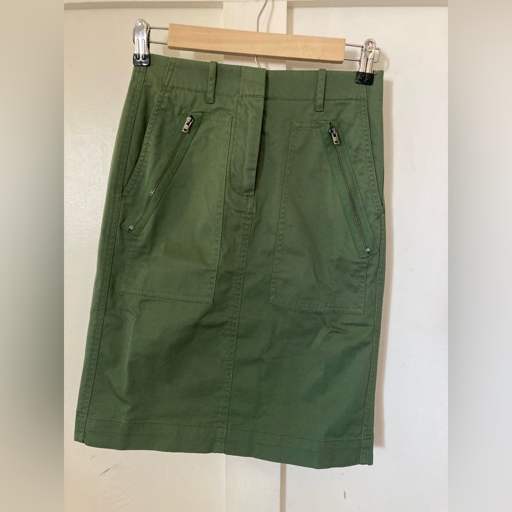 Nwt J Crew green utility pencil skirt flat front zipper pockets Size 00
